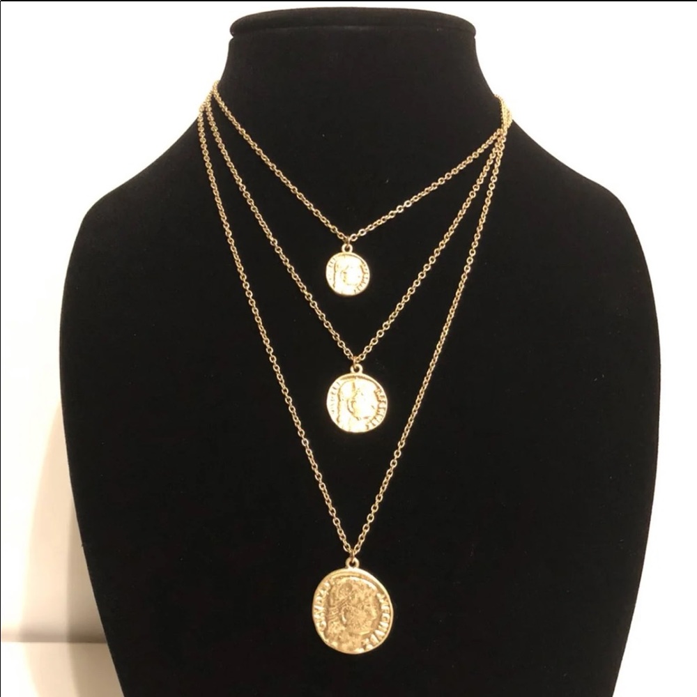 Gold plated triple layered coin charm necklace 20”